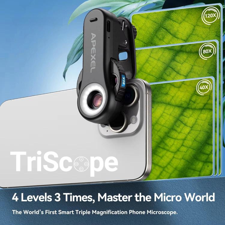 Microscopio para teléfono APEXEL TriScope 40X-80X-120X con iluminación LED y UV de doble temperatura., APL-MS3L