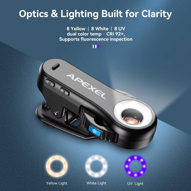 Microscopio para teléfono APEXEL TriScope 40X-80X-120X con iluminación LED y UV de doble temperatura., APL-MS3L