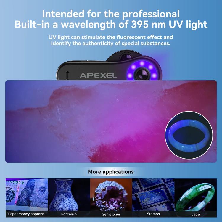 Microscopio para teléfono APEXEL TriScope 40X-80X-120X con iluminación LED y UV de doble temperatura., APL-MS3L