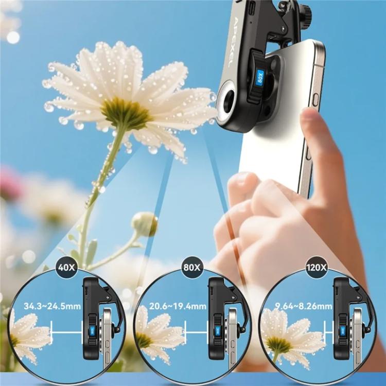 Microscopio para teléfono APEXEL TriScope 40X-80X-120X con iluminación LED y UV de doble temperatura., APL-MS3L