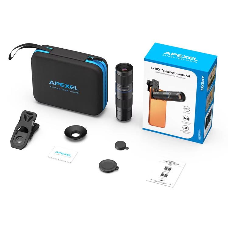 Kit de teleobjetivo APEXEL TeleZoom con zoom 5-10X para smartphone con clip universal todo en uno., APL-T5-10X