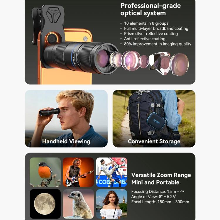 Kit de teleobjetivo APEXEL TeleZoom con zoom 5-10X para smartphone con clip universal todo en uno., APL-T5-10X