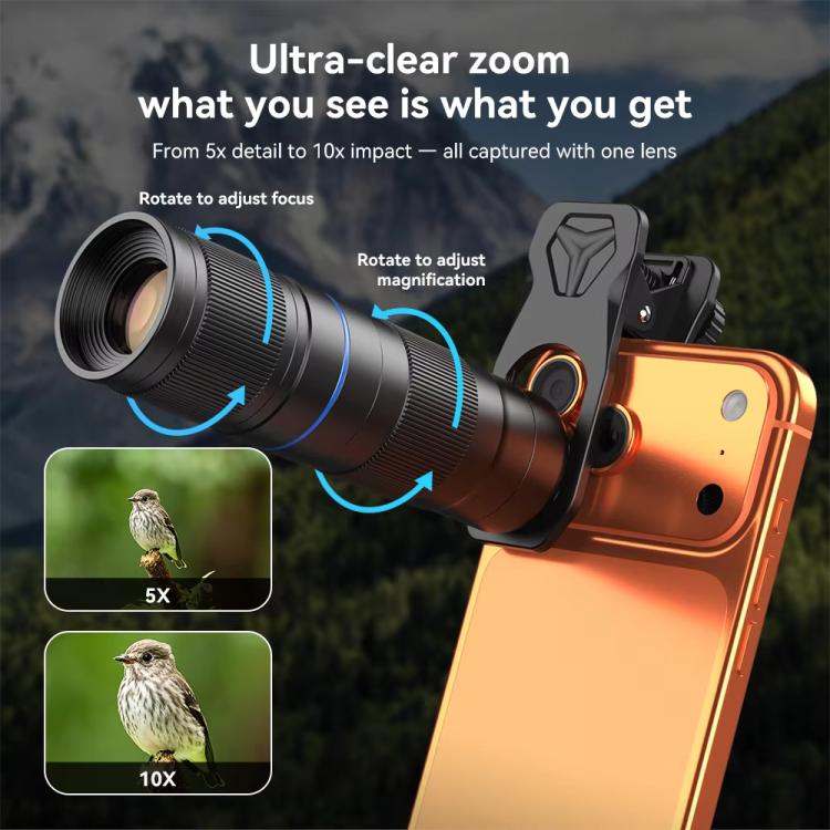 Kit de teleobjetivo APEXEL TeleZoom con zoom 5-10X para smartphone con clip universal todo en uno., APL-T5-10X