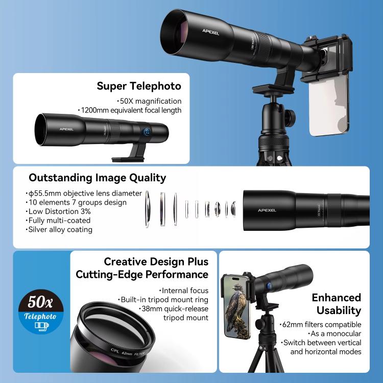 Kit de teleobjetivo APEXEL TeleCular 50x para smartphone con trípode de rótula de 360 grados y enfoque interno., APL-T50X