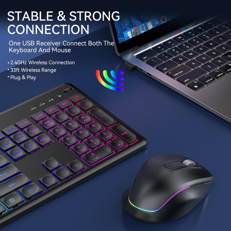 Conjunto de teclado y ratón inalámbricos con ranura para teléfono/tableta, retroiluminación RGB y recargables., 2.4G Single Mode, 2.4G & Bluetooth