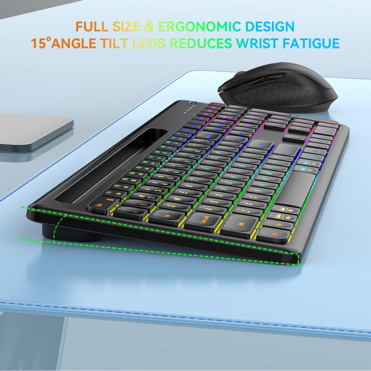Conjunto de teclado y ratón inalámbricos con ranura para teléfono/tableta, retroiluminación RGB y recargables., 2.4G Single Mode, 2.4G & Bluetooth