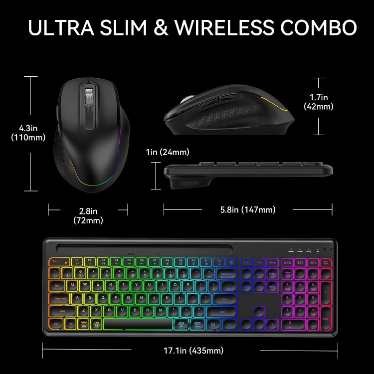 Conjunto de teclado y ratón inalámbricos con ranura para teléfono/tableta, retroiluminación RGB y recargables., 2.4G Single Mode, 2.4G & Bluetooth