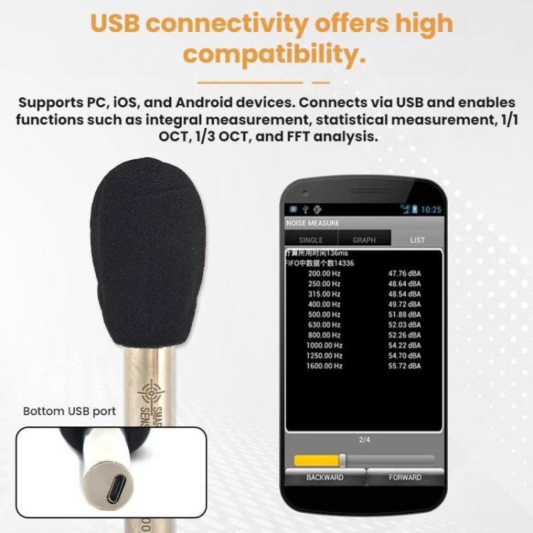 Micrófono de medición de alta precisión SMART SENSOR con conexión USB, rango de 26-126 dBA.