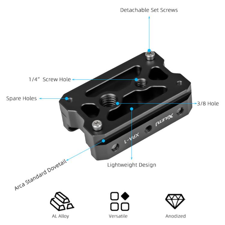 Adaptador de montaje para cámara con abrazadera de liberación rápida Arca-Swiss XILETU XPA-1 con riel de cola de milano para trípode/monopié