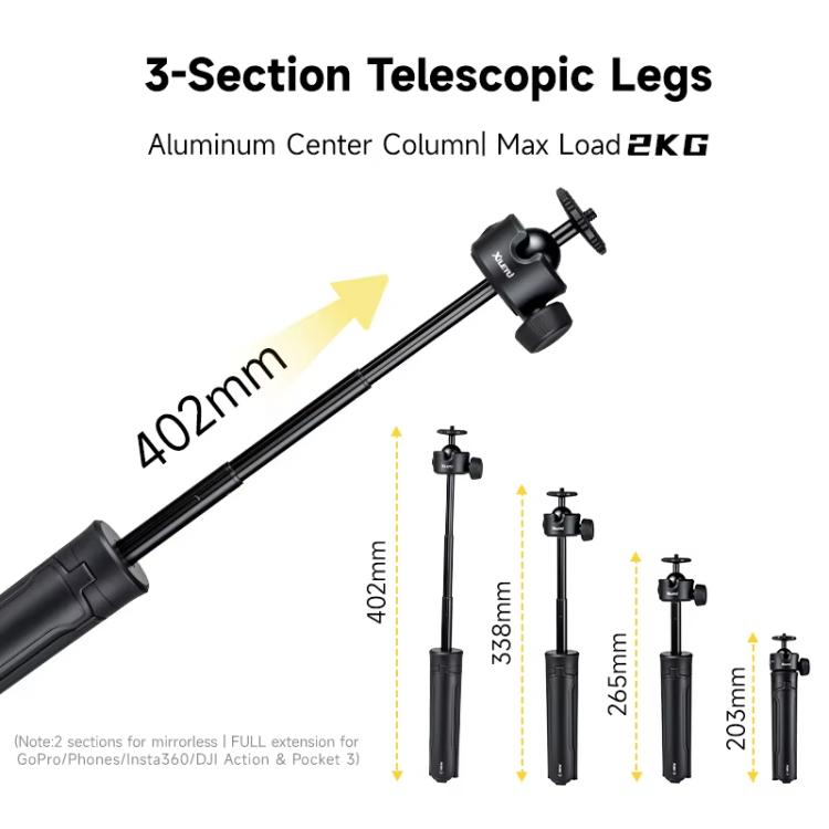 Trípode para selfies XILETU XS-21 con apertura automática al tocar el suelo y rótula metálica universal de 200-402 mm.