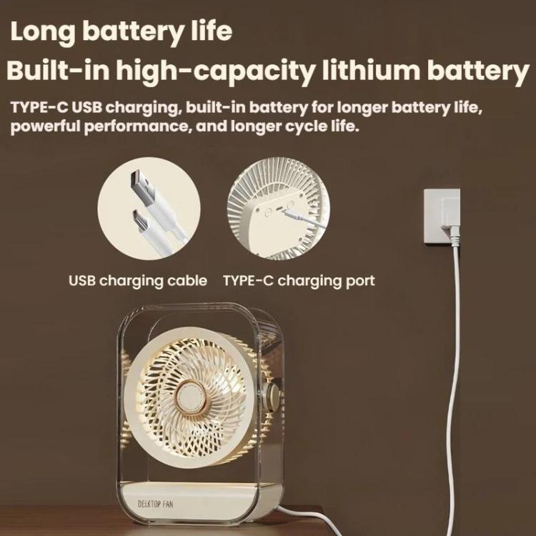 Ventilador de escritorio de alta potencia recargable por USB con luz nocturna.