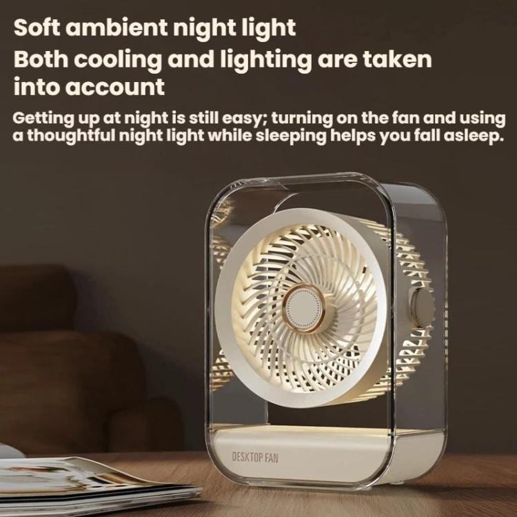 Ventilador de escritorio de alta potencia recargable por USB con luz nocturna.