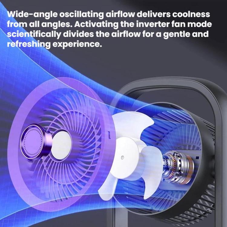 Ventilador eléctrico de sobremesa y de pared con luz y sistema de circulación de aire.