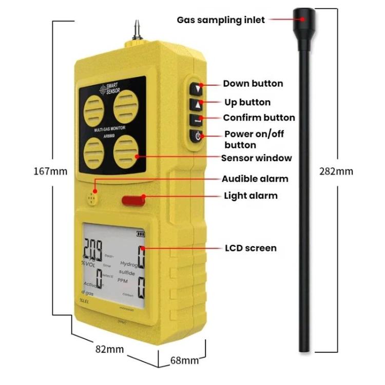 Detector de gases SMART SENSOR 4 en 1 para oxígeno, sulfuro de hidrógeno y monóxido de carbono, AR8900
