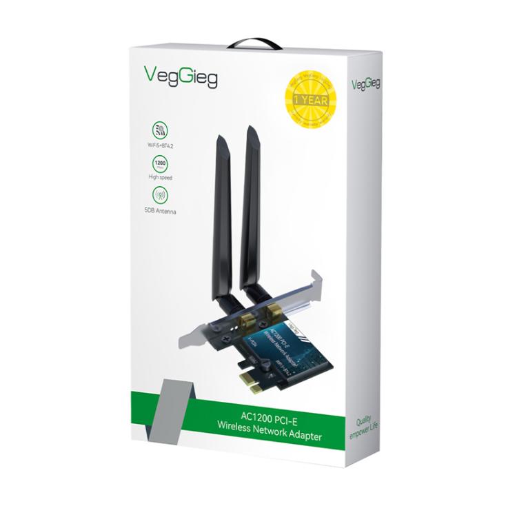 Adaptador de red inalámbrica Gigabit PCIe 2 en 1 para escritorio VegGieg, AC1200 PCI-E to WIFI 5 + Bluetooth 4.2/5dB