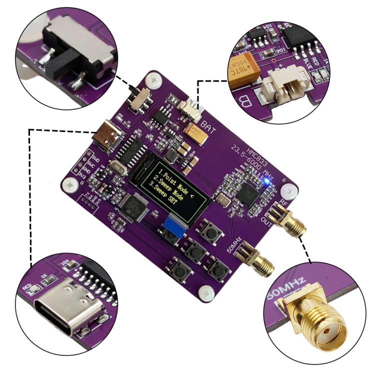 Generador de señales de RF de 23,5 MHz a 6000 MHz con control por botón y pantalla OLED HMC833, Signal Generator