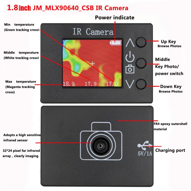 Herramienta de inspección para bricolaje con cámara termográfica digital infrarroja LCD MLX90640 de 1,8 pulgadas, MLX90640