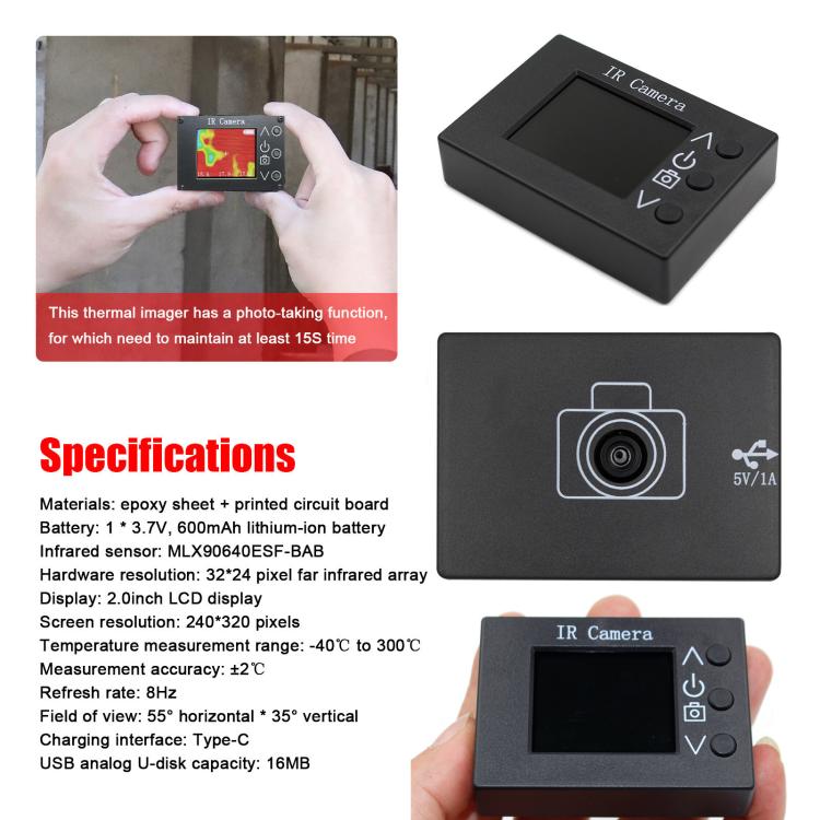 Herramienta de inspección para bricolaje con cámara termográfica digital infrarroja LCD MLX90640 de 1,8 pulgadas, MLX90640