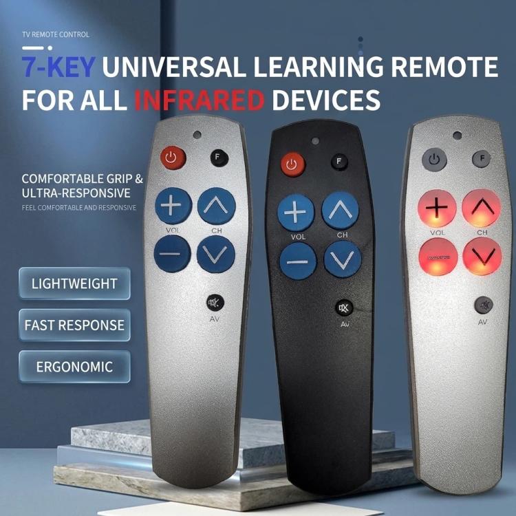 Mando a distancia universal de aprendizaje de 7 teclas para personas mayores. Botones grandes y fácil de usar. Mando a distancia IR para TV/STB/DVD/DVB/HiFi., Silver, Black, Backlit Edition