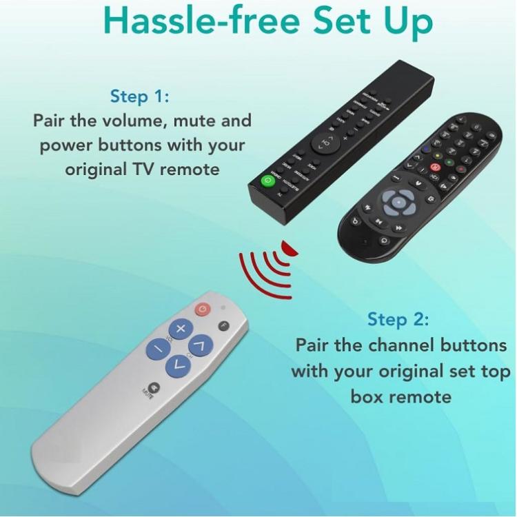 Mando a distancia universal de aprendizaje de 7 teclas para personas mayores. Botones grandes y fácil de usar. Mando a distancia IR para TV/STB/DVD/DVB/HiFi., Silver, Black, Backlit Edition