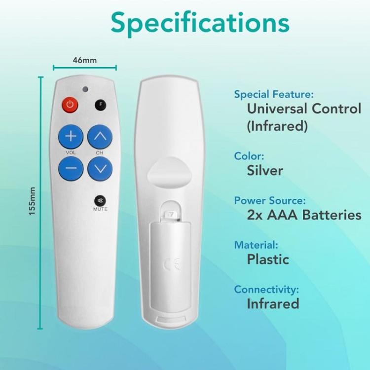 Mando a distancia universal de aprendizaje de 7 teclas para personas mayores. Botones grandes y fácil de usar. Mando a distancia IR para TV/STB/DVD/DVB/HiFi., Silver, Black, Backlit Edition