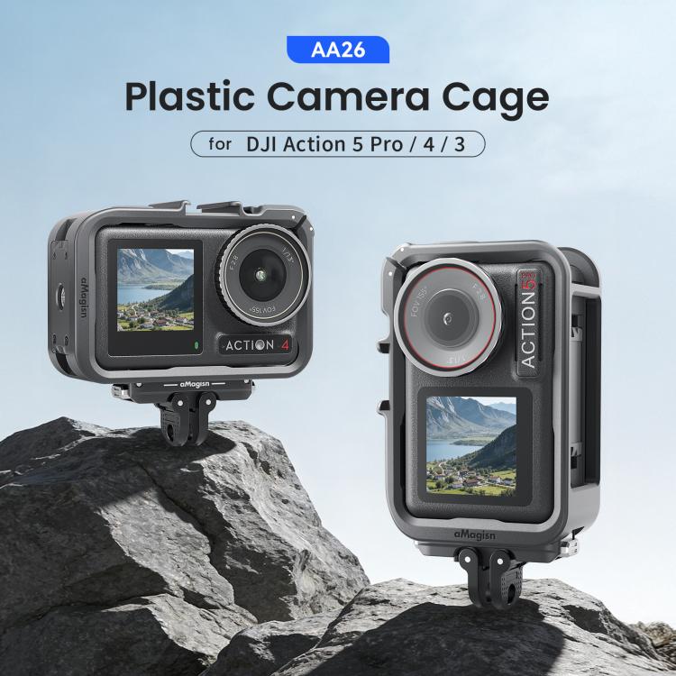 Jaula para cámara aMagisn de material PC para DJI Action 5 Pro / 4 / 3 con soporte de liberación rápida para disparo vertical/horizontal, montura de zapata fría y rosca de 1/4 de pulgada., Action 5 Pro /4/3 PC Cage
