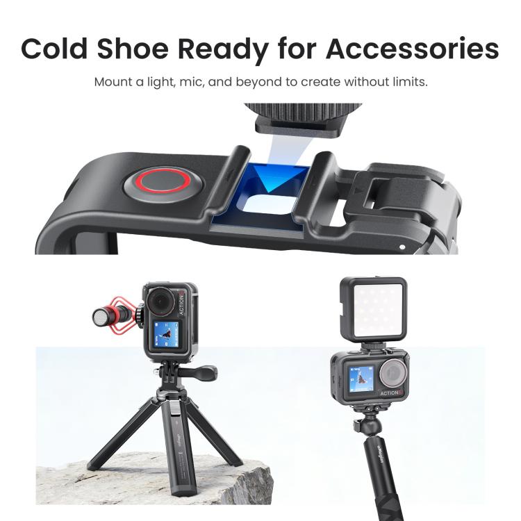 Jaula para cámara aMagisn de material PC para DJI Action 5 Pro / 4 / 3 con soporte de liberación rápida para disparo vertical/horizontal, montura de zapata fría y rosca de 1/4 de pulgada., Action 5 Pro /4/3 PC Cage