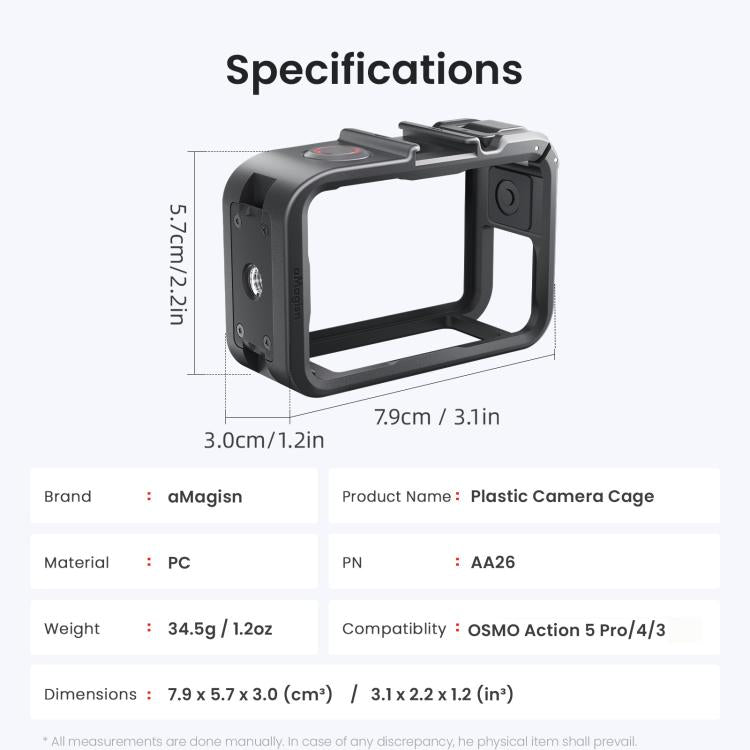 Jaula para cámara aMagisn de material PC para DJI Action 5 Pro / 4 / 3 con soporte de liberación rápida para disparo vertical/horizontal, montura de zapata fría y rosca de 1/4 de pulgada., Action 5 Pro /4/3 PC Cage