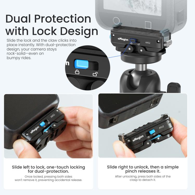 Adaptador magnético de liberación rápida de metal aMagisn 2.0 con bloqueo para DJI Osmo 360/ Action 5 Pro/4/3, For DJI Osmo 360/ Action 5 Pro/4/3