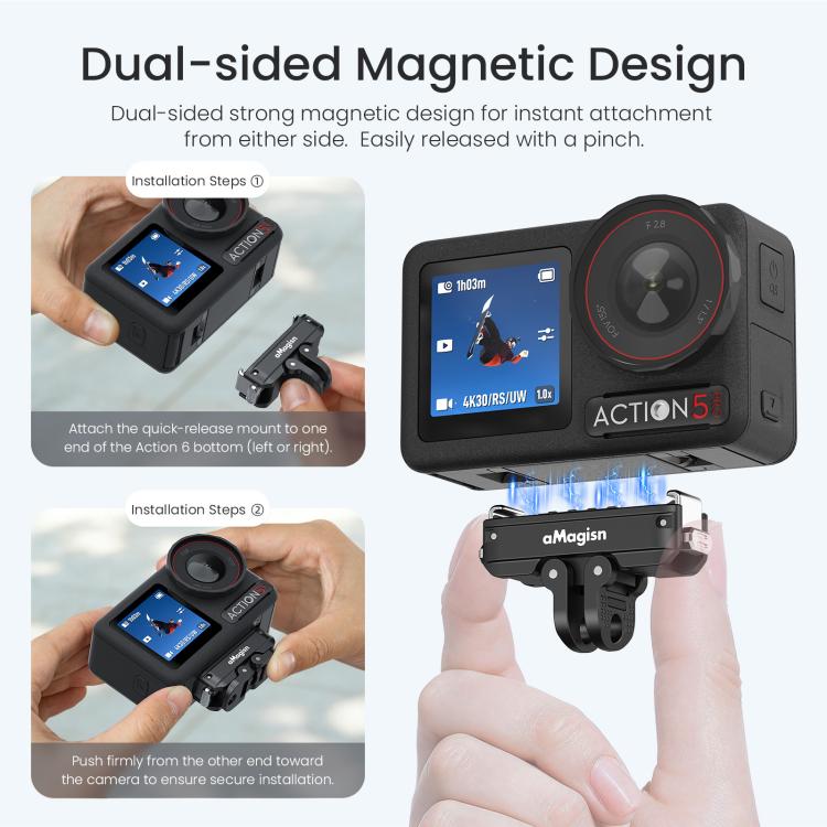 Adaptador magnético de liberación rápida de metal aMagisn 2.0 con bloqueo para DJI Osmo 360/ Action 5 Pro/4/3, For DJI Osmo 360/ Action 5 Pro/4/3