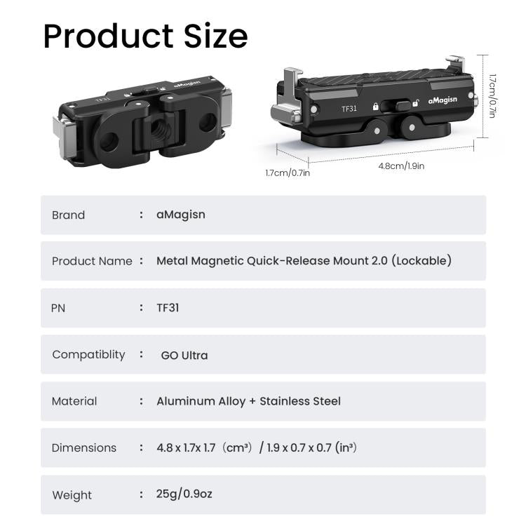 Adaptador con bloqueo para soporte magnético de liberación rápida de metal aMagisn 2.0 para Insta360 GO Ultra, For Insta360 GO Ultra