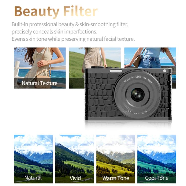 Cámara digital sin espejo 4K con visor a la altura de la cintura y pantalla abatible para selfies, Crocodile Leather, Pebbled Texture, Crocodile Leather + Neck Strap, Pebbled Texture + Neck Strap