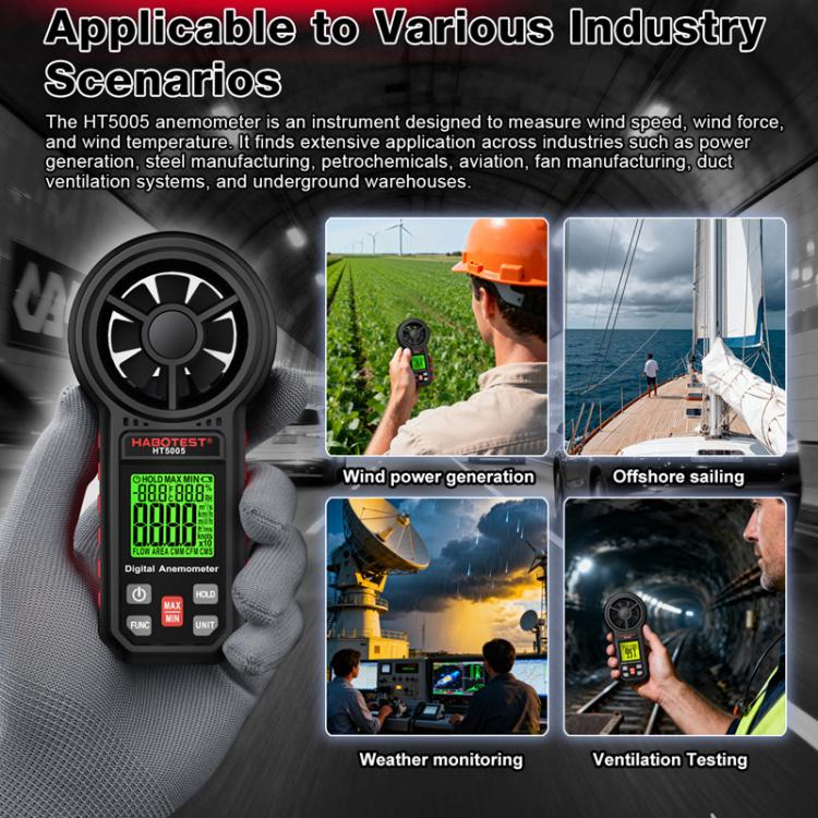 Anemómetro digital portátil HABOTEST HT5005 con pantalla, medidor de velocidad y temperatura del viento de alta precisión., HT5005