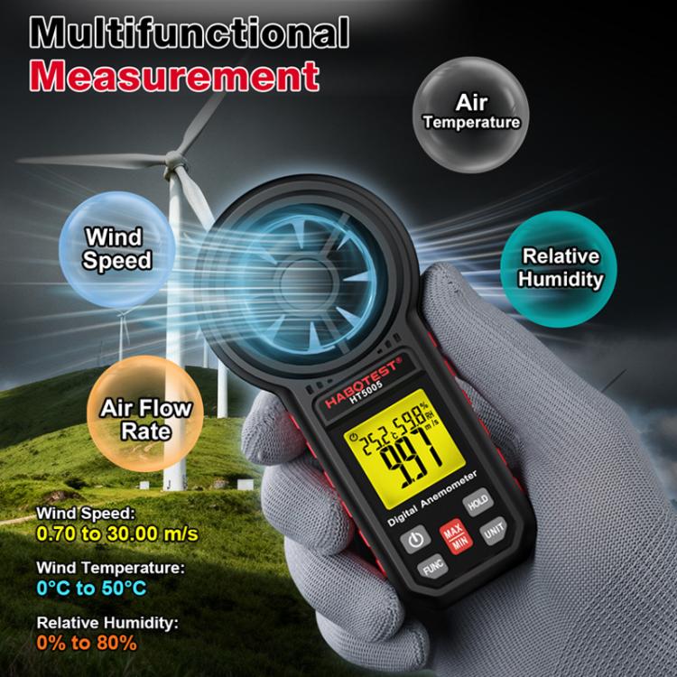 Anemómetro digital portátil HABOTEST HT5005 con pantalla, medidor de velocidad y temperatura del viento de alta precisión., HT5005