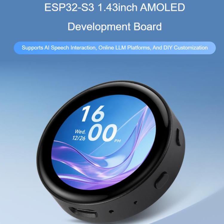 La placa de desarrollo ESP32-S3 con pantalla táctil redonda AMOLED de 1,43 pulgadas admite interacción por voz con IA y plataformas LLM en línea sin baterías de litio., Waveshare 34384