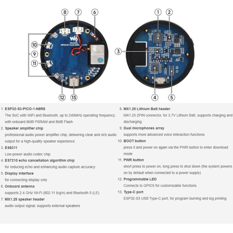 La placa de desarrollo ESP32-S3 con pantalla táctil redonda AMOLED de 1,43 pulgadas admite interacción por voz con IA y plataformas LLM en línea sin baterías de litio., Waveshare 34384