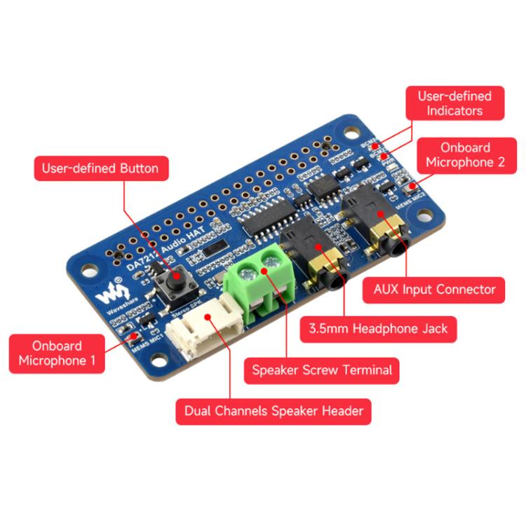 Placa de audio I2S DA7212 para Raspberry Pi, codificación/decodificación estéreo., Waveshare 34213