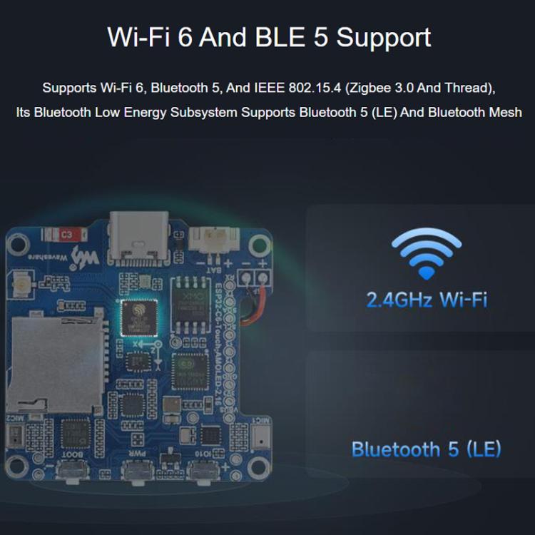 La placa de desarrollo Waveshare 34201 ESP32-C6 con pantalla táctil AMOLED de 2,16 pulgadas admite micrófonos duales, Wi-Fi 6 y BLE 5., 34201