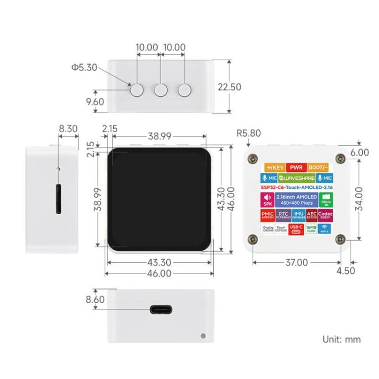 La placa de desarrollo Waveshare 34201 ESP32-C6 con pantalla táctil AMOLED de 2,16 pulgadas admite micrófonos duales, Wi-Fi 6 y BLE 5., 34201