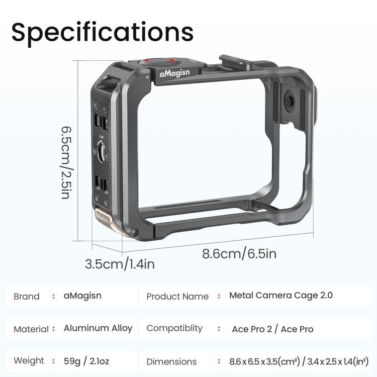 Jaula metálica para cámara AMagisn 2.0 para Insta360 Ace Pro 2 / Ace Pro, con interruptor rápido para disparo vertical/horizontal y soporte para zapata fría.