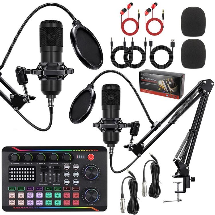 Kit de equipo para podcast con micrófono de condensador dual BM800 y tarjeta de sonido en vivo F998max. Soporte de brazo articulado ajustable.
