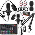 Kit de equipo para podcast con micrófono de condensador dual BM800 y tarjeta de sonido en vivo F998max. Soporte de brazo articulado ajustable.