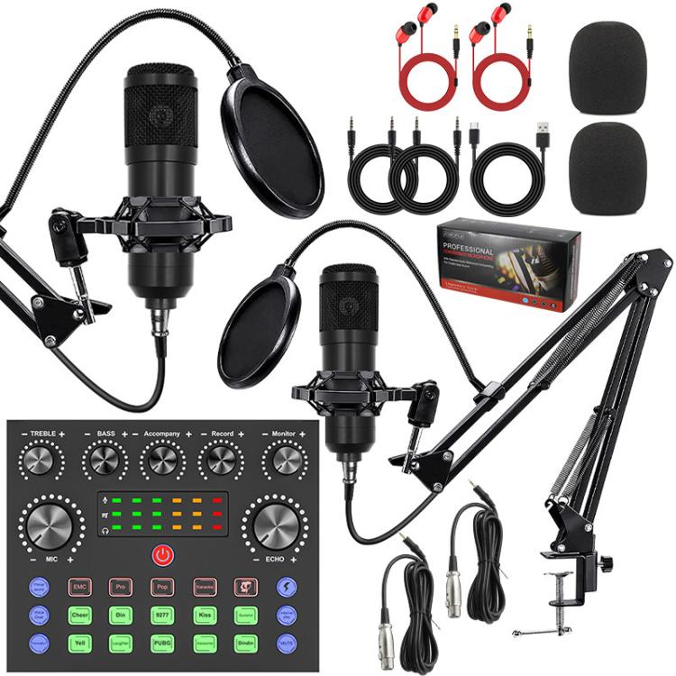 Kit de equipo para podcast con micrófono de condensador dual BM800 y tarjeta de sonido V8S Live. Soporte de brazo articulado ajustable.