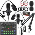 Kit de equipo para podcast con micrófono de condensador dual BM800 y tarjeta de sonido V8S Live. Soporte de brazo articulado ajustable.