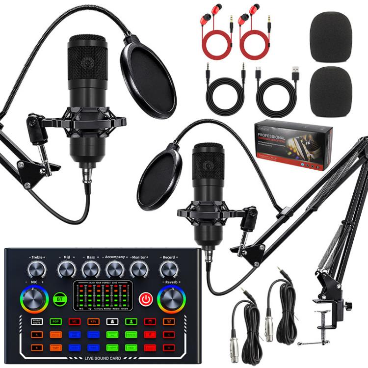Kit de equipo para podcast con micrófono de condensador dual BM800 y tarjeta de sonido en vivo F009. Soporte de brazo articulado ajustable.