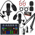 Kit de equipo para podcast con micrófono de condensador dual BM800 y tarjeta de sonido en vivo F009. Soporte de brazo articulado ajustable.