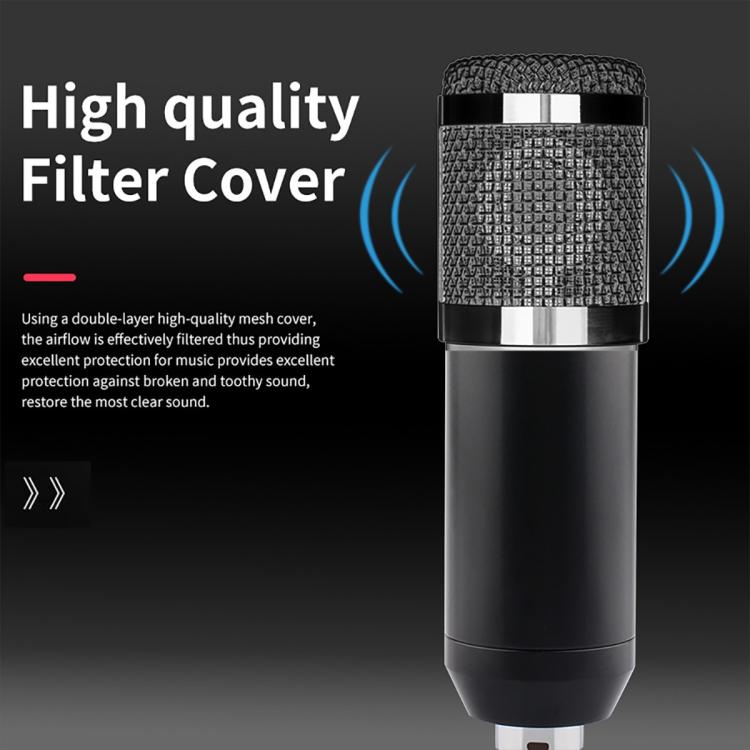 Kit de equipo para podcast con micrófono de condensador dual BM800 y tarjeta de sonido en vivo F009. Soporte de brazo articulado ajustable.