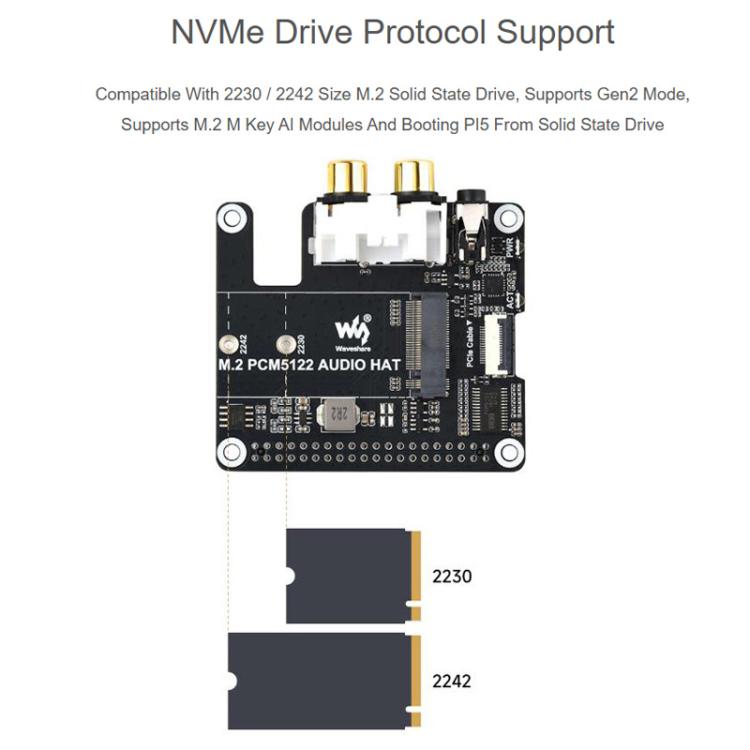 Adaptador PCIe a M.2 HAT para Raspberry Pi 5 con extensión de audio I2S y compatible con unidades de estado sólido con protocolo NVMe., Waveshare 34170