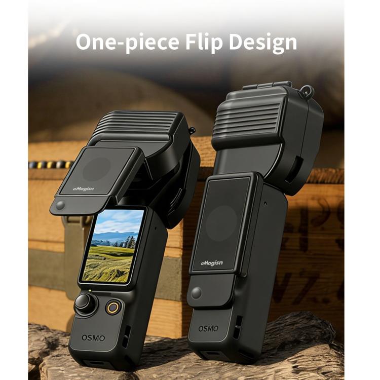 Funda protectora para gimbal aMagisn para DJI Osmo Pocket 4 con diseño abatible de una sola pieza y protector de joystick 3D integrado.