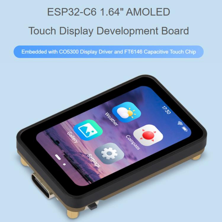 Placa de desarrollo Waveshare ESP32-C6 con pantalla táctil AMOLED de 1,64 pulgadas, resolución de 280 x 456, compatible con Wi-Fi 6 y BLE 5., Not Welded, Welded